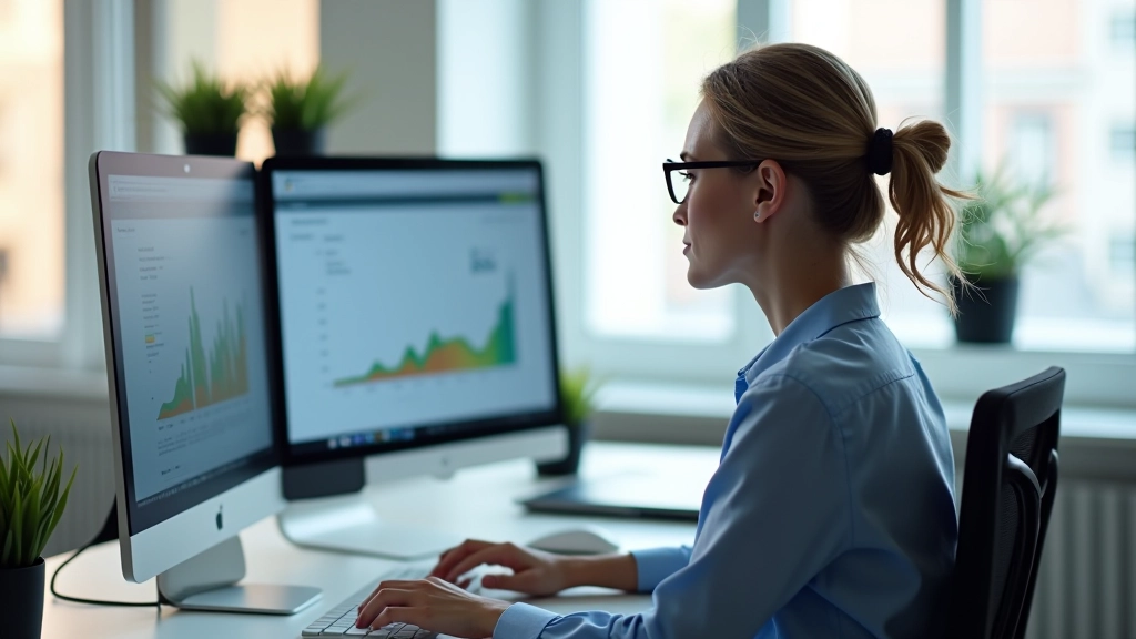 Pessoa a analisar gráficos de conversão no computador, mostrando diferentes métricas e dashboards de rastreamento