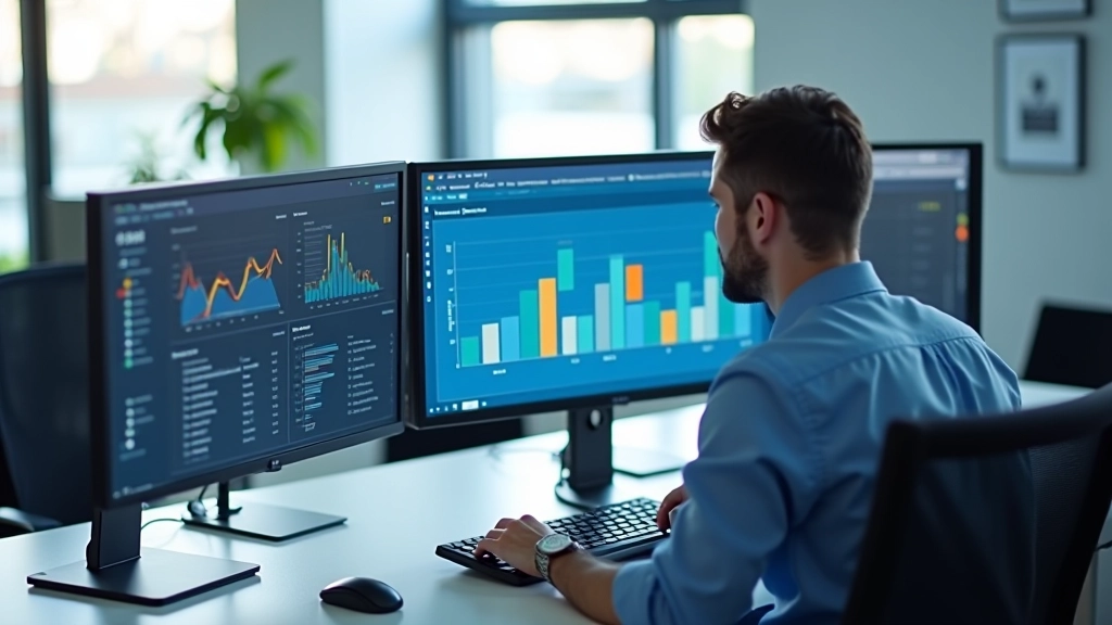 Área de trabalho profissional com múltiplos ecrãs mostrando análise de dados e gráficos de website